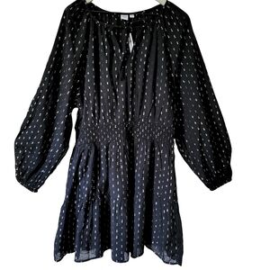 GAP Black Long Sleeve Smocked Metallic Splitneck Mini Dress With Elastic Waist